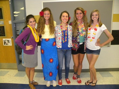 Junior girls Stefania Smith,Kami Tabor, Ally Gillespie, Jamie,and  Laura Fambrough  students and staff in their bes Hawaiian gear! 
