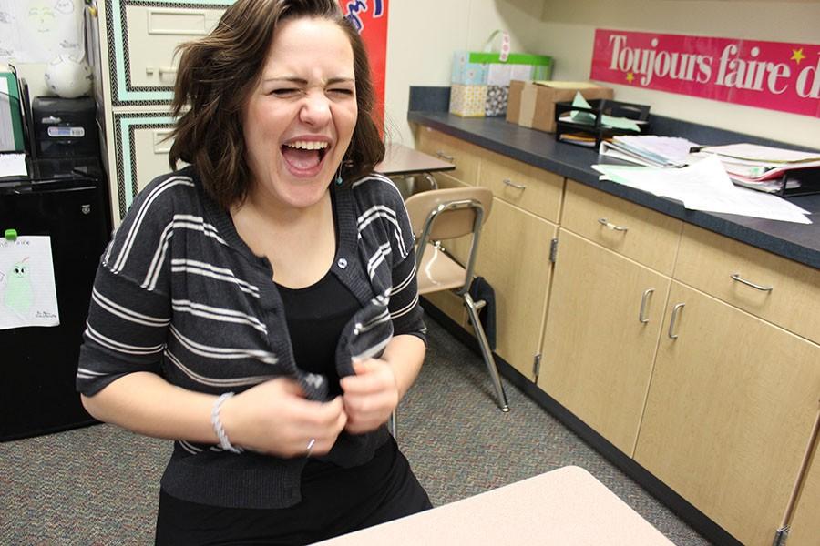 Dont forget to laugh! Senior Camelia Bessette burst out laughing as she reminisces about the fun moments in theater. Bessette enjoys being a part of the team.